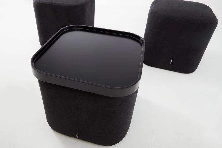 Square Fabric Pouf With Wooden Tray - Image 3